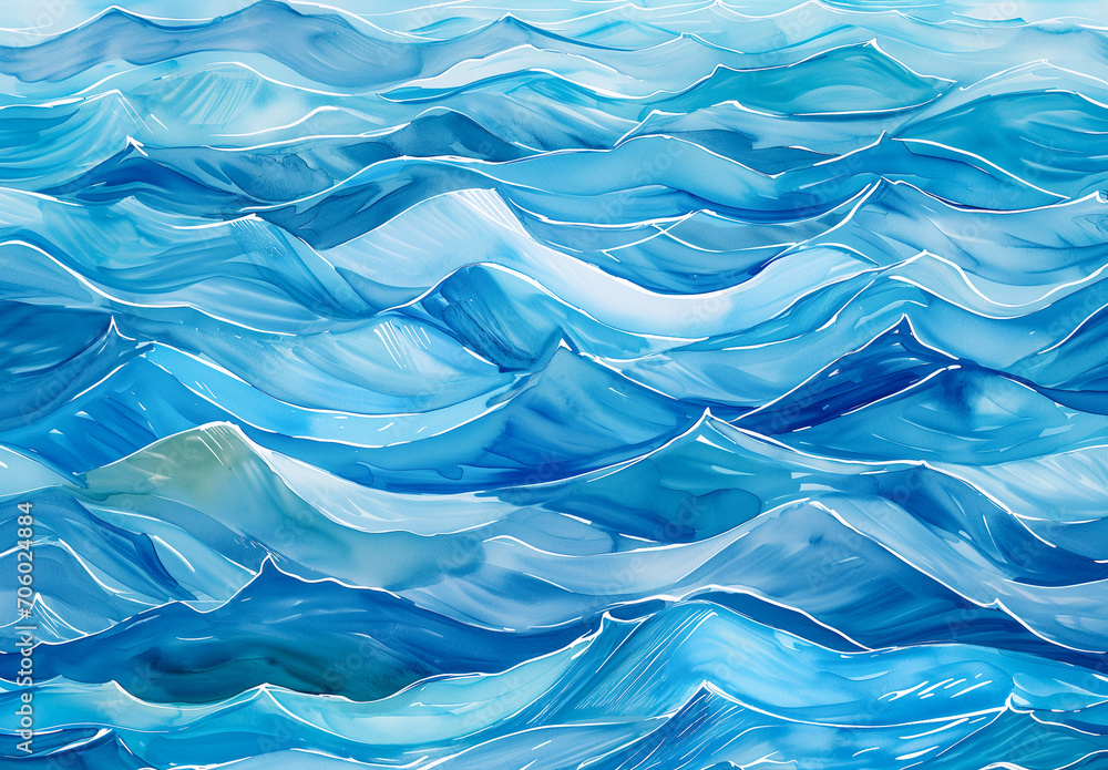 Obraz premium Abstract ocean water ripple waves. Blue, aqua, teal, turquoise happy cartoon waves for ocean beach vacation travel. Wavy texture background banner for copy space text. Hand drawn details by Vita