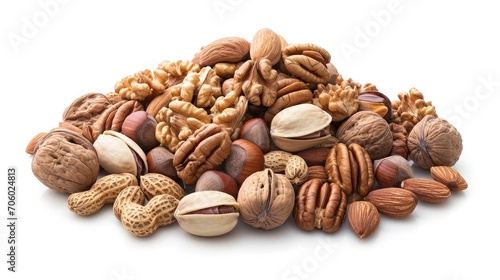 Different types of nuts in the nutshell. Hazelnuts, walnuts, almonds, pecan nuts and pistachio nuts isolated on white background. 