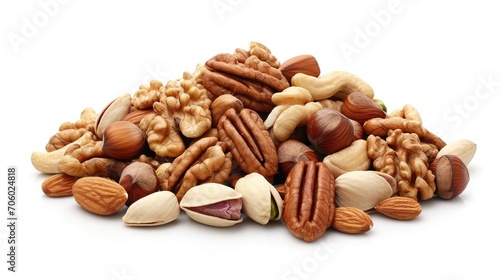 Different types of nuts in the nutshell. Hazelnuts, walnuts, almonds, pecan nuts and pistachio nuts isolated on white background.  © buraratn