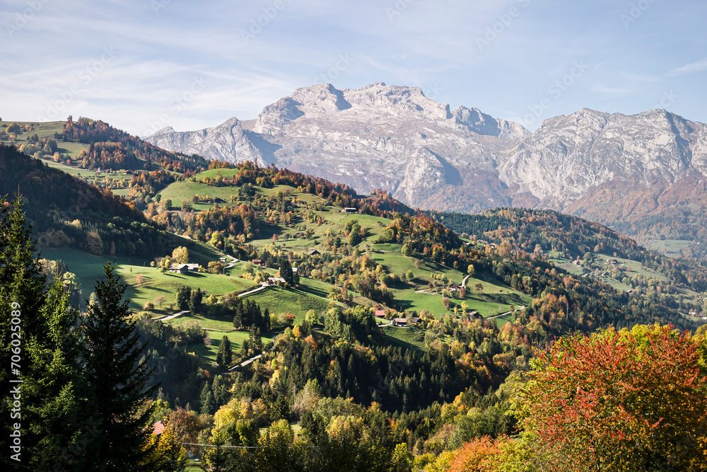 Alpine chalets on a hillside in Haute-Savoie, France