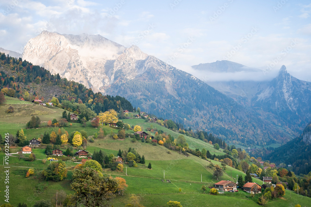 Alpine chalets on a hillside in Haute-Savoie, France