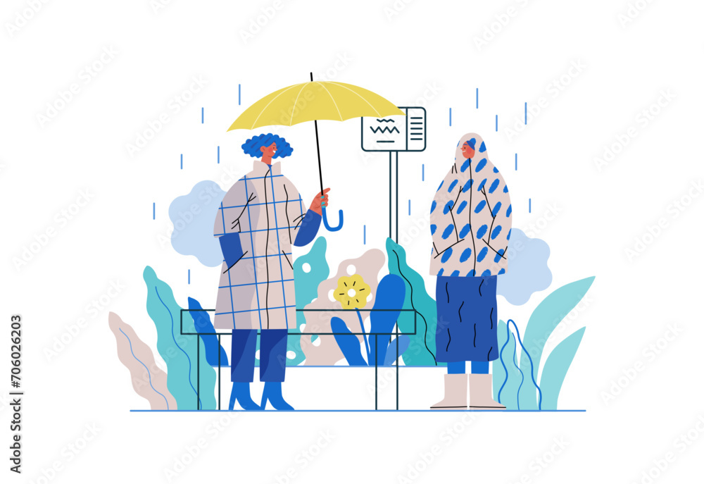 Mutual Support: Offer an umbrella to a stranger -modern flat vector concept illustration of a at a bus stop in the rain offering an umbrella A metaphor of voluntary, collaborative exchanges Mutual Support: Offer an umbrella to a stranger -modern flat vector concept illustration of a at a bus stop in the rain offering an umbrella A metaphor of voluntary, collaborative exchanges
