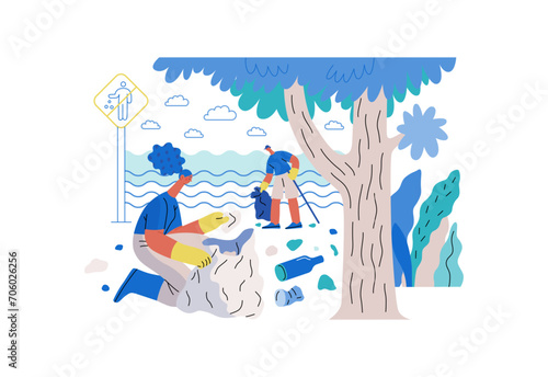 Mutual Support: Cleaning up trash, Garbage collection -modern flat vector concept illustration of people collecting trash on the beach A metaphor of voluntary, collaborative exchanges of resource