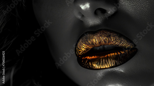 Beautiful woman in black and white with golden lipstick