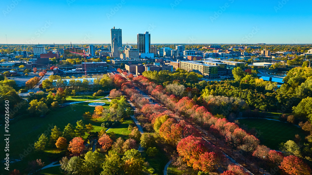 Aerial Autumn Urban Park and Cityscape, Fort Wayne