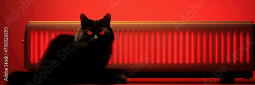 cat next to a cat warming it self under glowing red radiator. photo