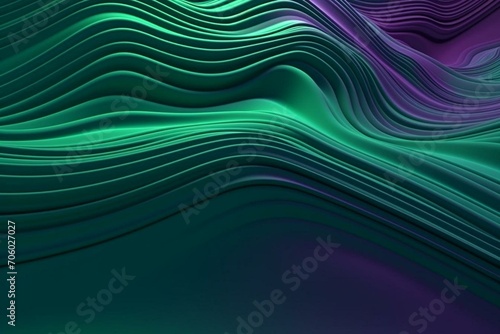 Contemporary 3D background with rippling, green and violet abstract layers. Rendered in 3D. Generative AI