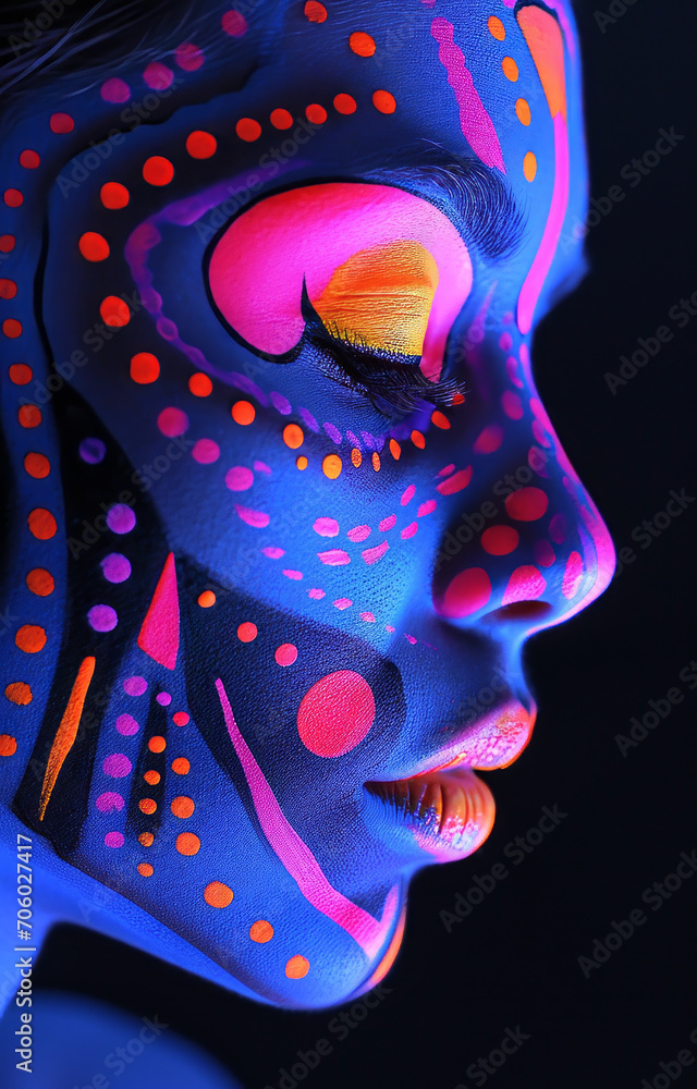 Black light geometric face paint woman.