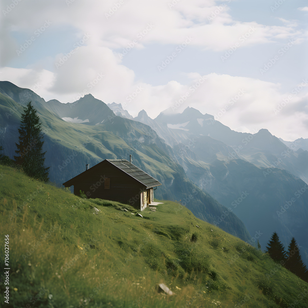 Hut in alpine landscape (Generative AI)