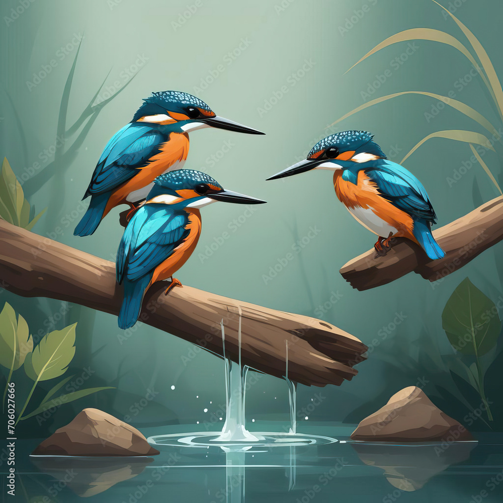 Minimalist Vector Art of Kingfishers Diving into Clear Freshwater