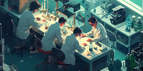 Uma imagem visualmente marcante de cientistas trabalhando em um laboratório de pesquisa em computação quântica, cercados por equipamentos sofisticados. photo