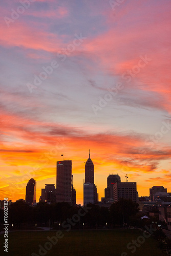 Indianapolis Skyline at Sunset with Vibrant Skies and Park Silhouette © Nicholas J. Klein