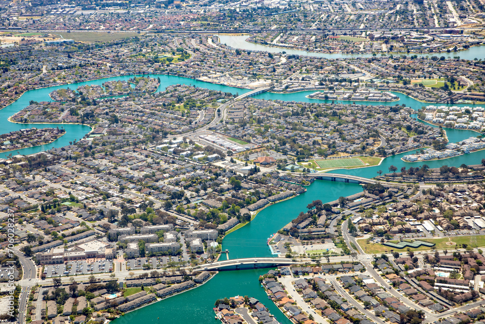 aerial of living area in San Francisco Bay near Newark at village San Jose, USA