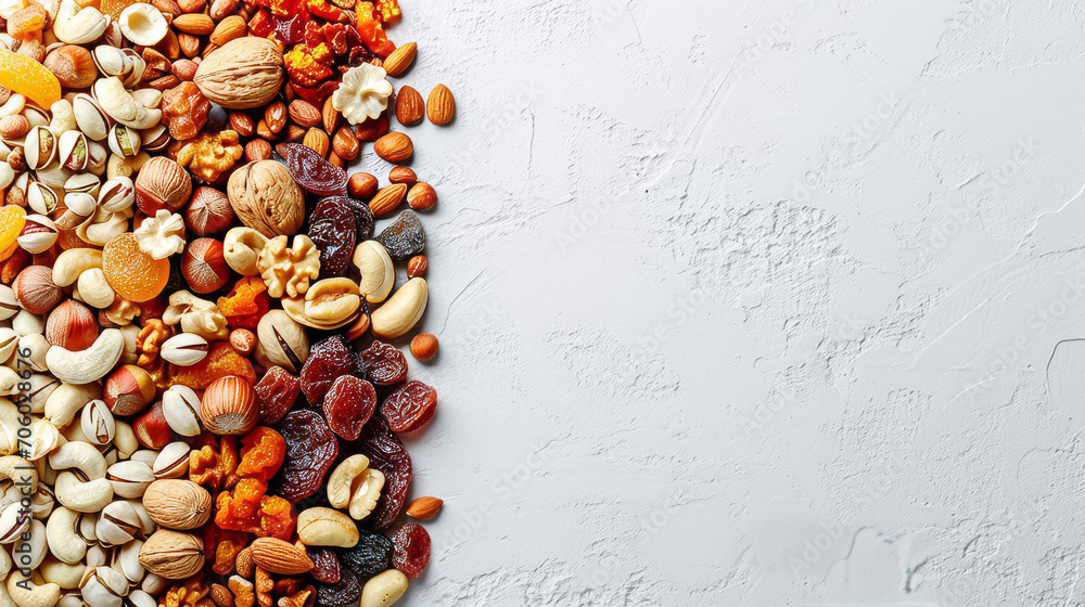 Different dried fruits and nuts on white background - obrazy, fototapety, plakaty 