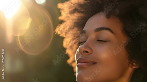 A woman's face with emotional stability and happiness in her smile. joy of communicating with nature in everyday life and enhancing self-healing and emotional index. well-being. generative AI