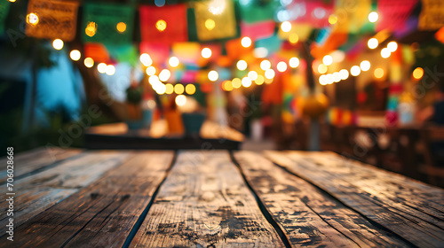 Empty wooden table with Mexican party or gathering background photo