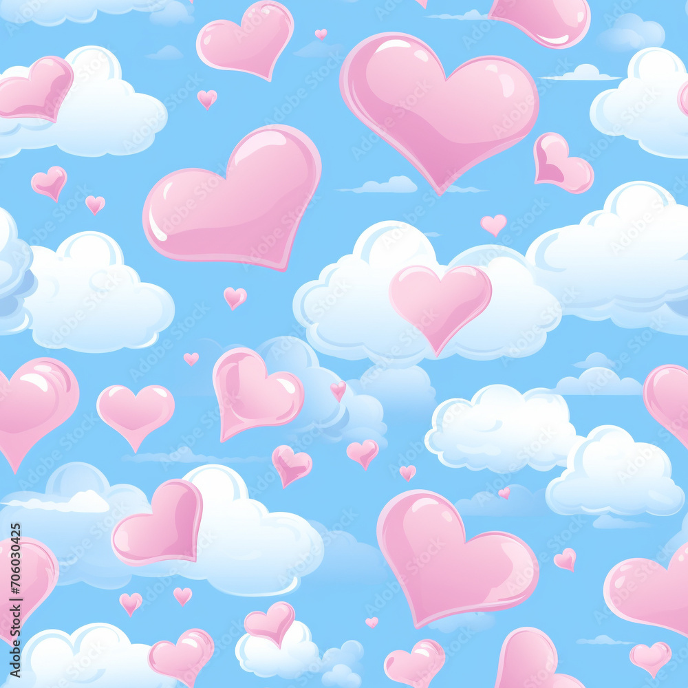 Valentines Day Heart-Shaped Clouds Seamless Pattern