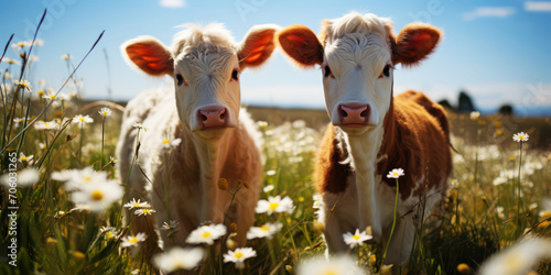 Two calves stand together in a sunny field dotted with daisies © jockermax3d