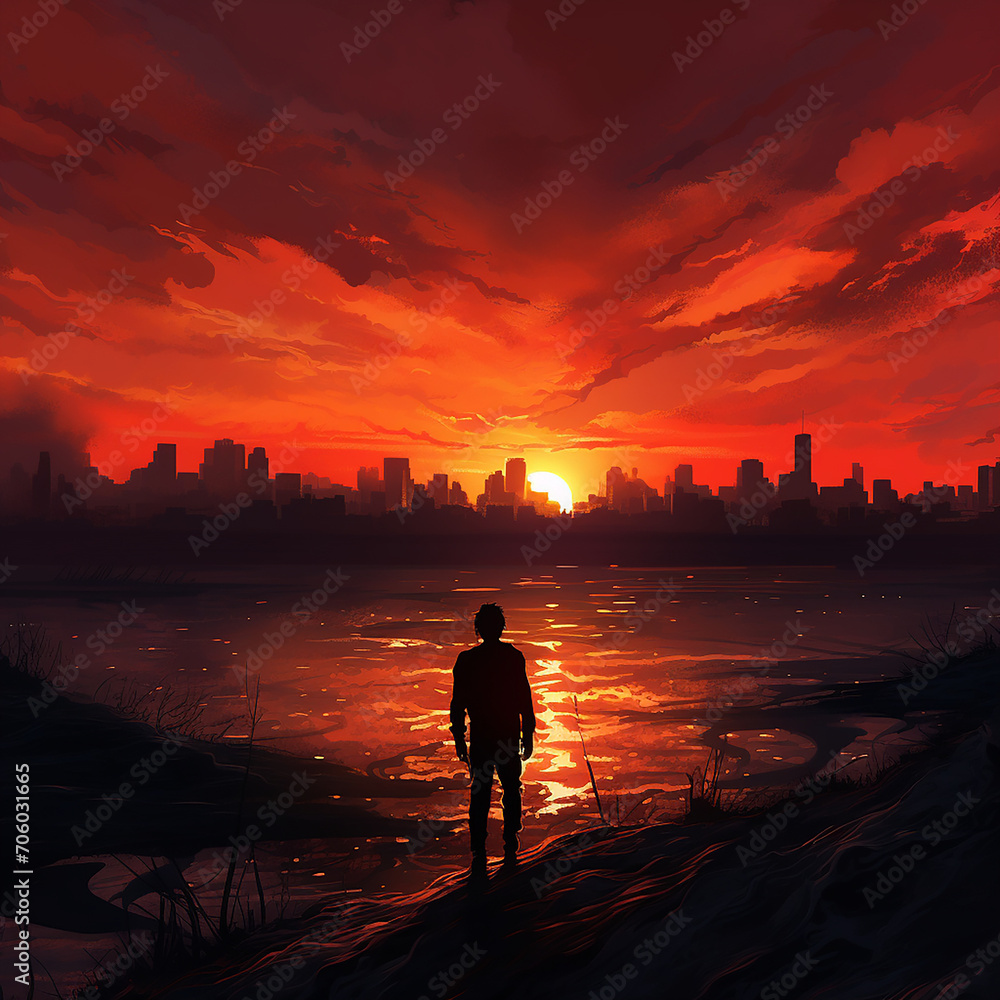 Fototapeta premium A Lone Silhouette Against a Fiery Sunset