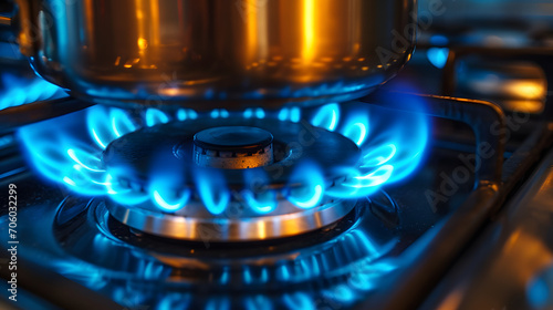 Closeup of the gas flame of a kitchen stove. Increase in gas tariffs, gas bill