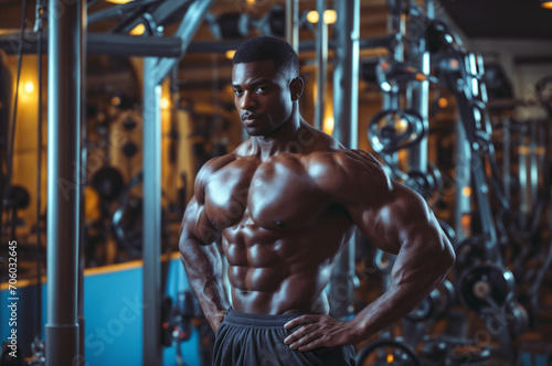 A powerful Afro American bodybuilder posing in the gym, showcasing well-defined muscles and strength, set against the backdrop of weightlifting equipment, intense and impressive, clear and focused