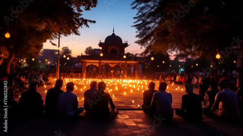 unrecognizable people praying at night in front of a temple