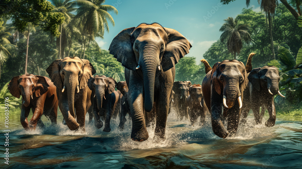 herd of elephants in the river - obrazy, fototapety, plakaty 