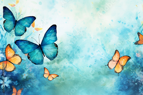 Blue butterflies on blue background, watercolor, Generative AI