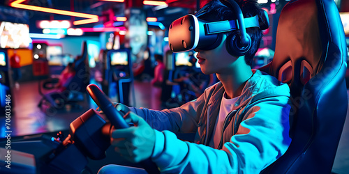 Uma imagem eletrizante de uma pessoa usando óculos de realidade virtual (VR) e interagindo com um ambiente de jogo de RV. A imagem transmite os aspectos imersivos da tecnologia de realidade virtual photo