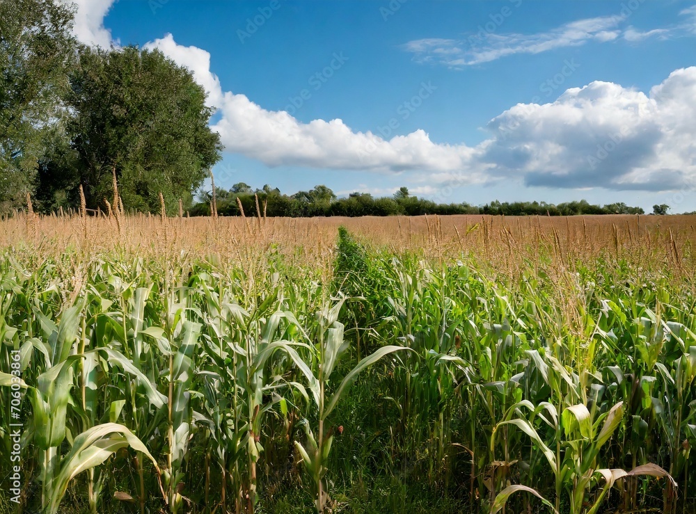 Beautiful scenic view on field of corn. high grass plants and crops. blue sky in the background/wallpaper.