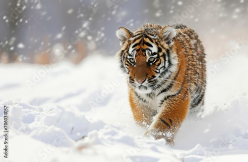 Tiger in wild winter nature, running in the snow. Action wildlife scene with dangerous animal. Cold winter with beautiful Siberian tiger, Panthera tigris altaica