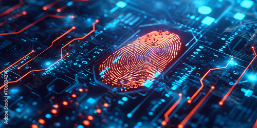 Uso de tecnologia biométrica para acesso seguro, como scanners de reconhecimento de impressões digitais ou faciais. A cena comunica o papel da biometria em aprimorar as medidas de segurança photo