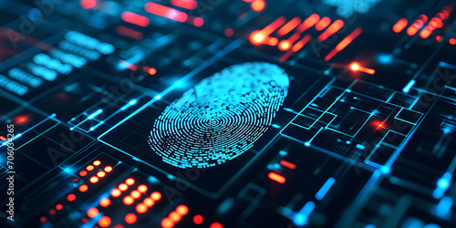 Uso de tecnologia biométrica para acesso seguro, como scanners de reconhecimento de impressões digitais ou faciais. A cena comunica o papel da biometria em aprimorar as medidas de segurança photo