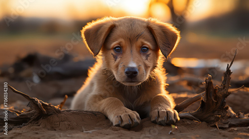 A young puppy enjoys the calmness of a golden sunset photo