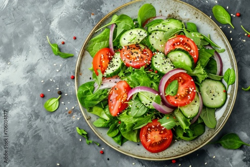 Healthy vegetable salad of fresh tomato, cucumber, onion, spinach, lettuce on plate