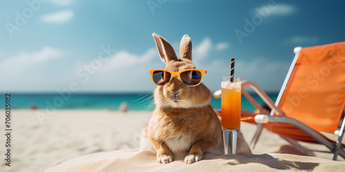 Realistic photo style picture of a rabbit at the besch with a cocktal and wesr a sunglasses in the sunshine for comercial photo or social media post eastern or summer photo