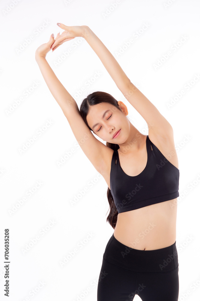 Portrait beautiful young asian woman stretching hands or arms for exercise yoga and relax isolated on white background, female workout training for muscle strong, sport and health care concept. Portrait beautiful young asian woman stretching hands or arms for exercise yoga and relax isolated on white background, female workout training for muscle strong, sport and health care concept.
