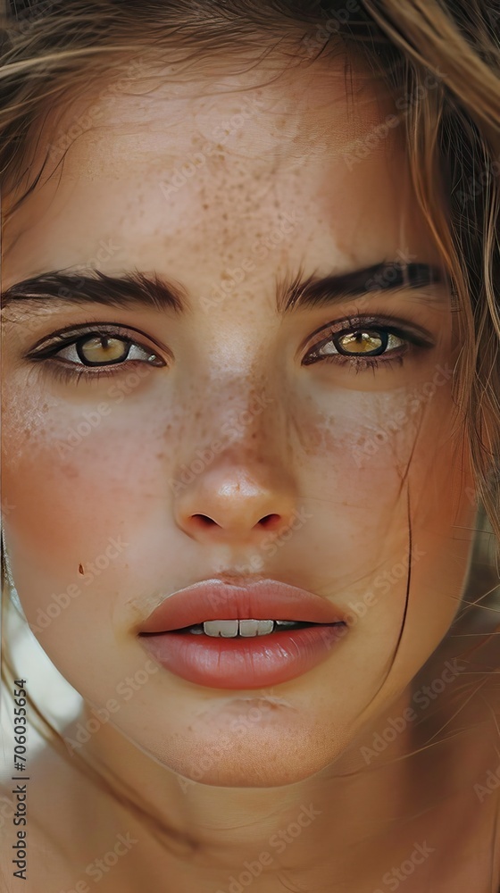 Photo-style illustration with a close-up shot and a blurred background. Feature a stunning woman with striking light blue eyes and long, flowing brunette hair - generative ai Photo-style illustration with a close-up shot and a blurred background. Feature a stunning woman with striking light blue eyes and long, flowing brunette hair - generative ai