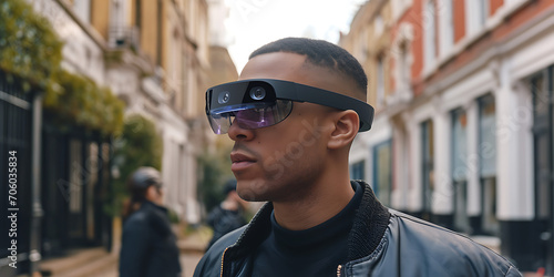Pessoa usando óculos de realidade aumentada, interagindo com elementos digitais em um ambiente do mundo real. A imagem comunica a integração perfeita da tecnologia de AR nas atividades cotidianas