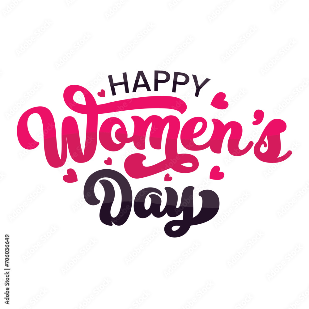 Beautiful hand drawn script lettering Women's day vector illustration. Happy Women's Day background with heart shapes. Happy Women's Day calligraphy. 8 March greeting card template.
