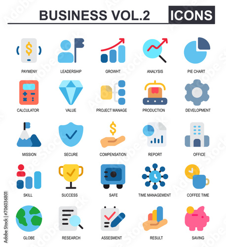 business flat icon collection.flat style.contains leadership,profit,growth,analysis,pie chart,production,develop,coffee break,world,research,contracts,results,saving.good for ui app.
