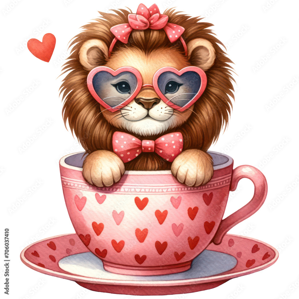 Obraz premium Cute Lion wearing Heart-Shaped Sunglasses in a Teacup, Happy Valentine Baby Animal in a Cup, Love and Red Heart Concept, Watercolor, Isolated on Transparent Background. Generative AI 