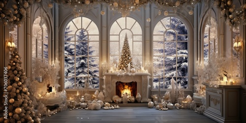 Wallpaper Mural Luxurious Christmas room with a fairy tale interior design, panoramic windows, a fireplace, a Christmas tree adorned with lights, gifts, candles, lanterns, and garland lighting, creating a warm and Torontodigital.ca