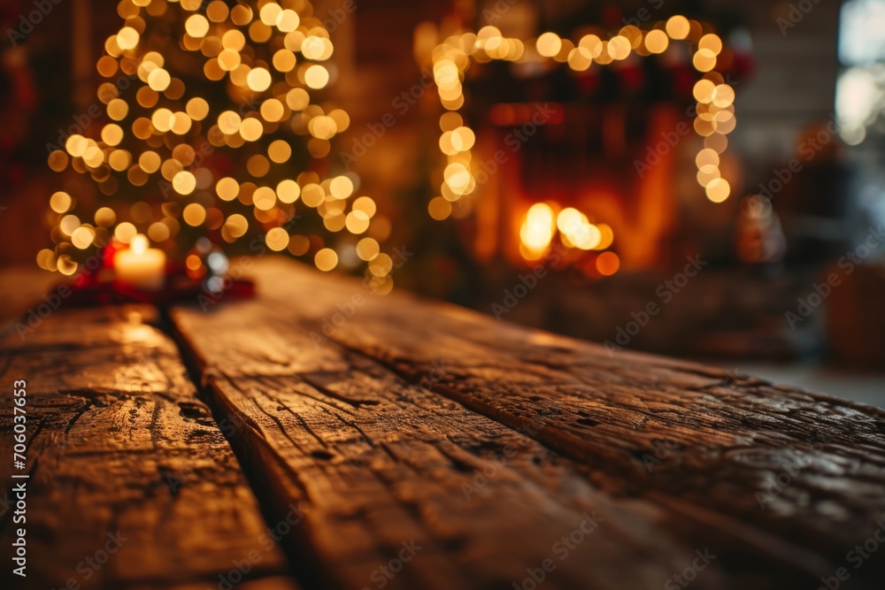 Wood table with tree and lights in the background. Festive background. Christmas Background.