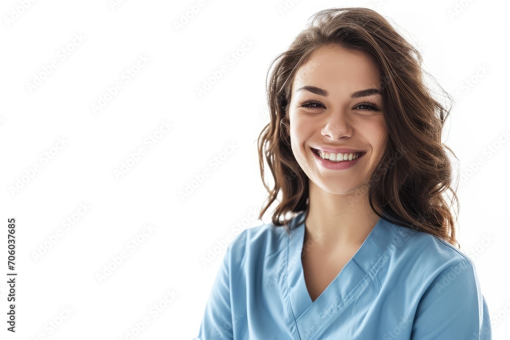 Bright portrait of a female nurse with a radiant smile, cheerful and uplifting, white background Bright portrait of a female nurse with a radiant smile, cheerful and uplifting, white background