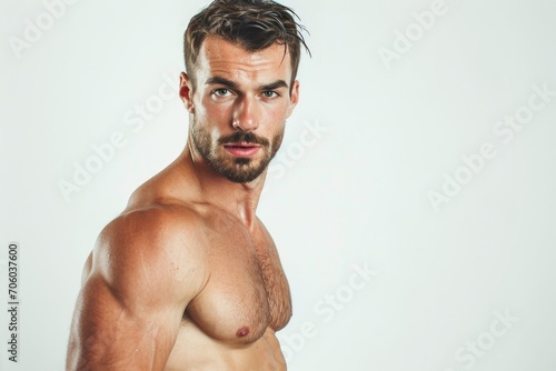 Athletic portrait of a European man, sporty and fit, white background