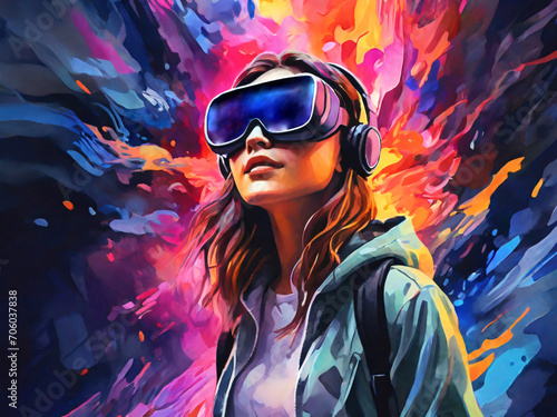 Portrait of young woman navigating vibrant metaverse virtual space in vr headset. 