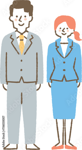 スーツを着て並んで立っている男女二人_色