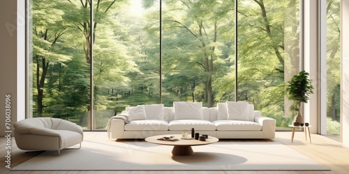 Minimalist furnishings in a bright living room with white walls and a view of a green forest. © Vusal