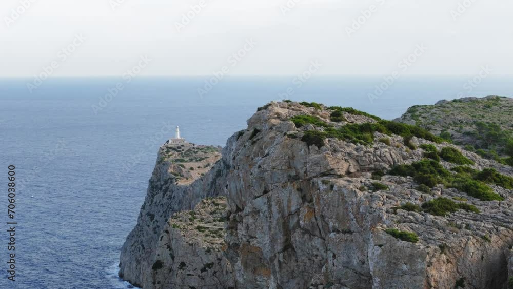 Aerial Panorama Of Formentor Lighthouse On Top Of High Cliff, Mallorca, Majorca. Ocean Background. Aerial Panorama Of Formentor Lighthouse On Top Of High Cliff, Mallorca, Majorca. Ocean Background.